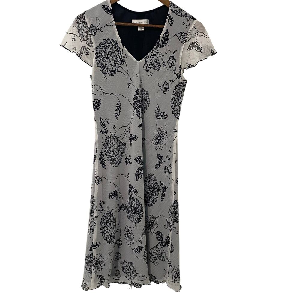Vintage Petite Sophisticate Sheer Floral Midi Dress 10P Y2K Fairy White Black
